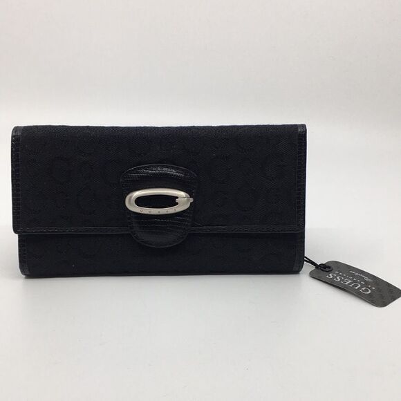 NWT GUESS Timeless Edition SLG Black Canvas Trifold Wallet - Picture 1 of 16